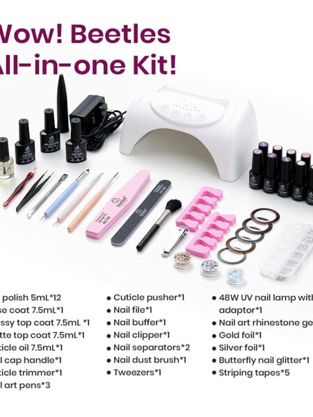 Beetles 12 Colors Gel Nail Polish Starter Kit with U V Light 48W LED Nail Lamp Gel Base Top Coat Cure Nude Pink Blue Gel Polish Glitter Powder Nail Art Rhinestone Gems Manicure Set Gifts for Girls