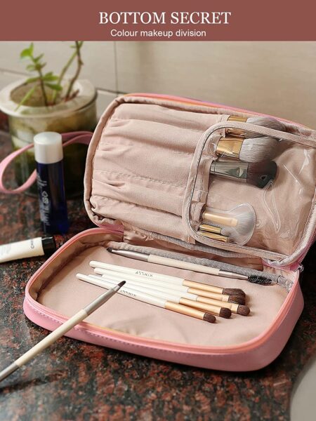 Large Makeup Bag,Double Layer Cosmetic Bag,Travel Makeup Bag,Leather Makeup Bag, Cosmetic Travel Bags,Portable Leather Toiletry Bag,Roomy Cosmetic Bag for Women and Girls.Pink