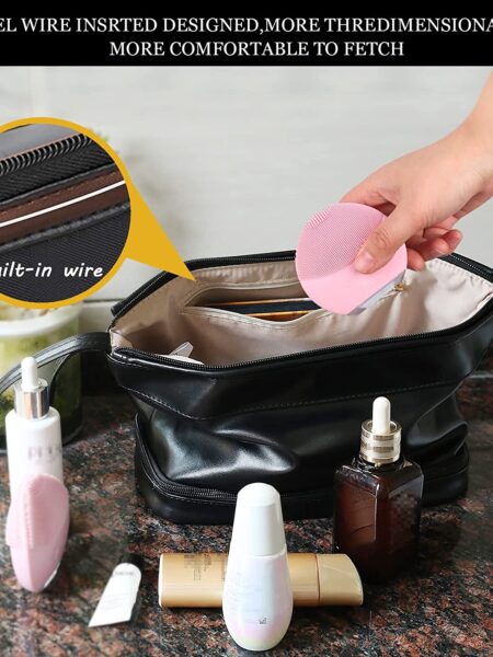 Large Makeup Bag,Double Layer Cosmetic Bag,Travel Makeup Bag,Leather Makeup Bag, Cosmetic Travel Bags,Portable Leather Toiletry Bag,Roomy Cosmetic Bag for Women and Girls.Black